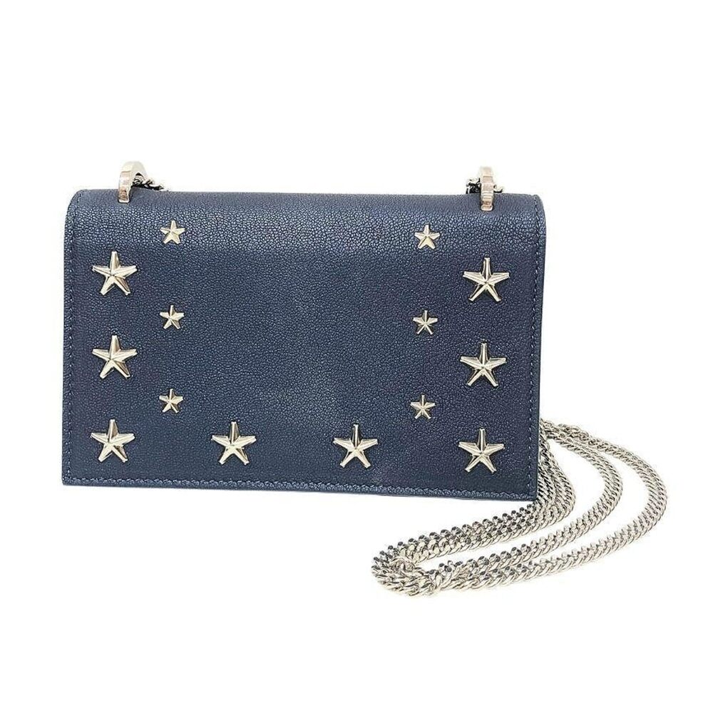 JIMMY CHOO Leather Chain Shoulder Bag with Star Studs, Navy Blue, Women's